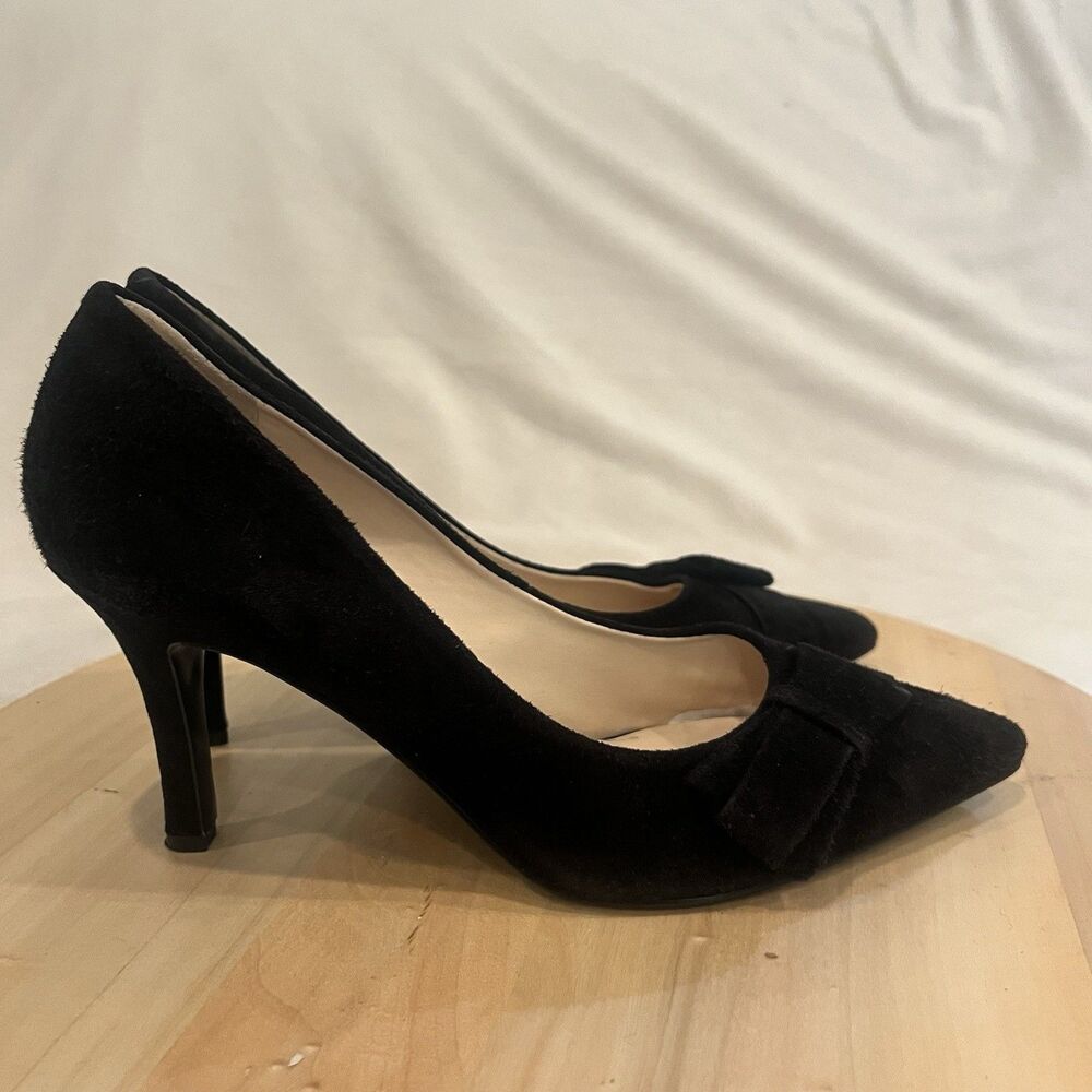 Nine West Scarlett Black Leather Suede Pointed Toe Bow Pump Heels Women's 8.5M